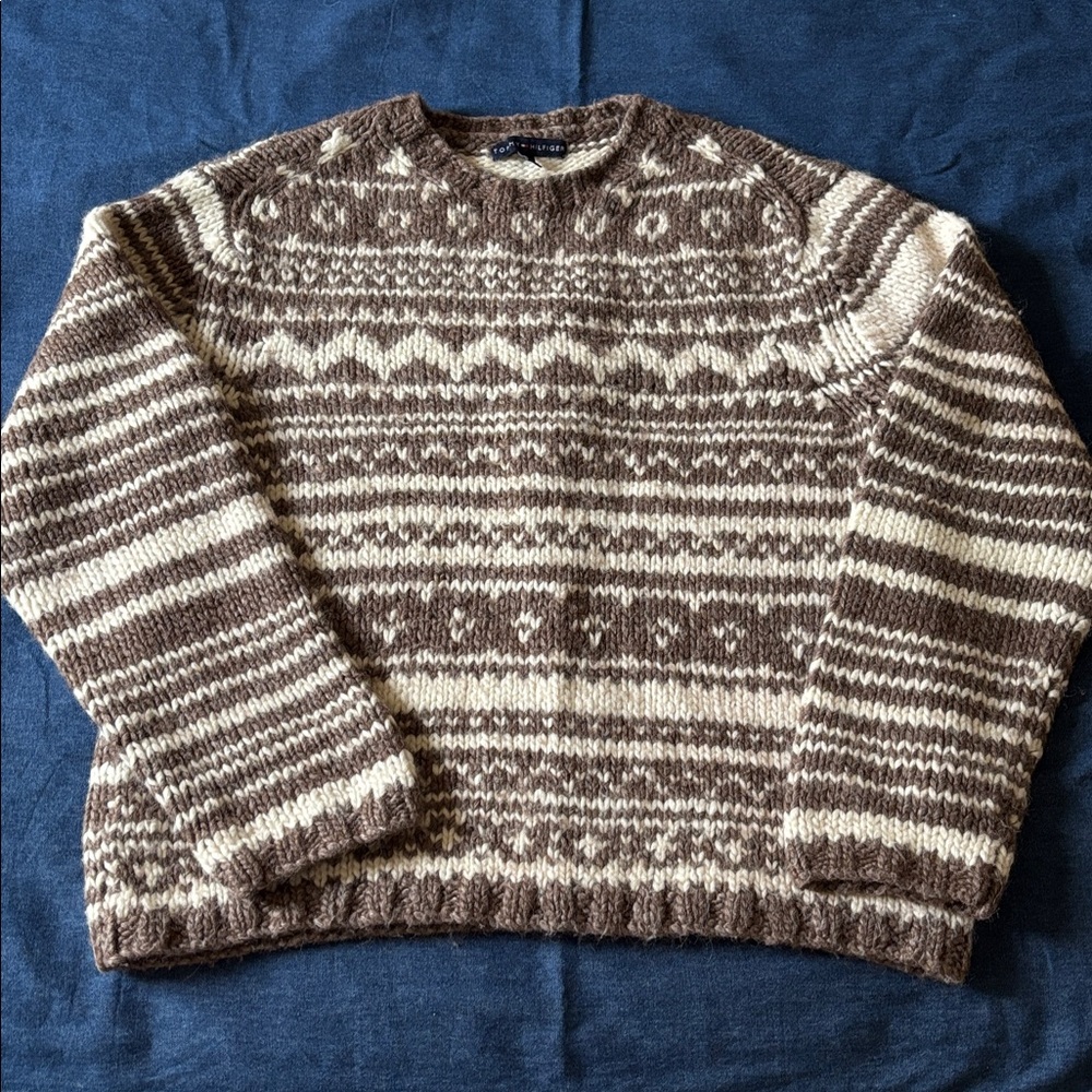 Tommy Hilfiger wool and alpaca brown and cream intarsia knit sweater,  XL